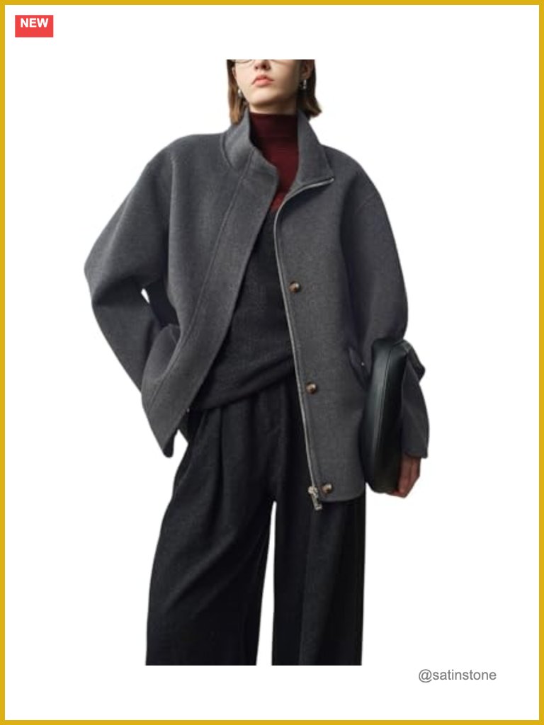 Women's Wool Stand Collar Zip Front Pea Coat With Pockets